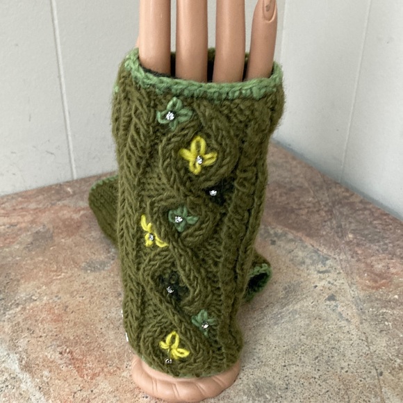 Hand Knit Handwarmers, Wool, Green, Cables, Rhinestones - Picture 1 of 2